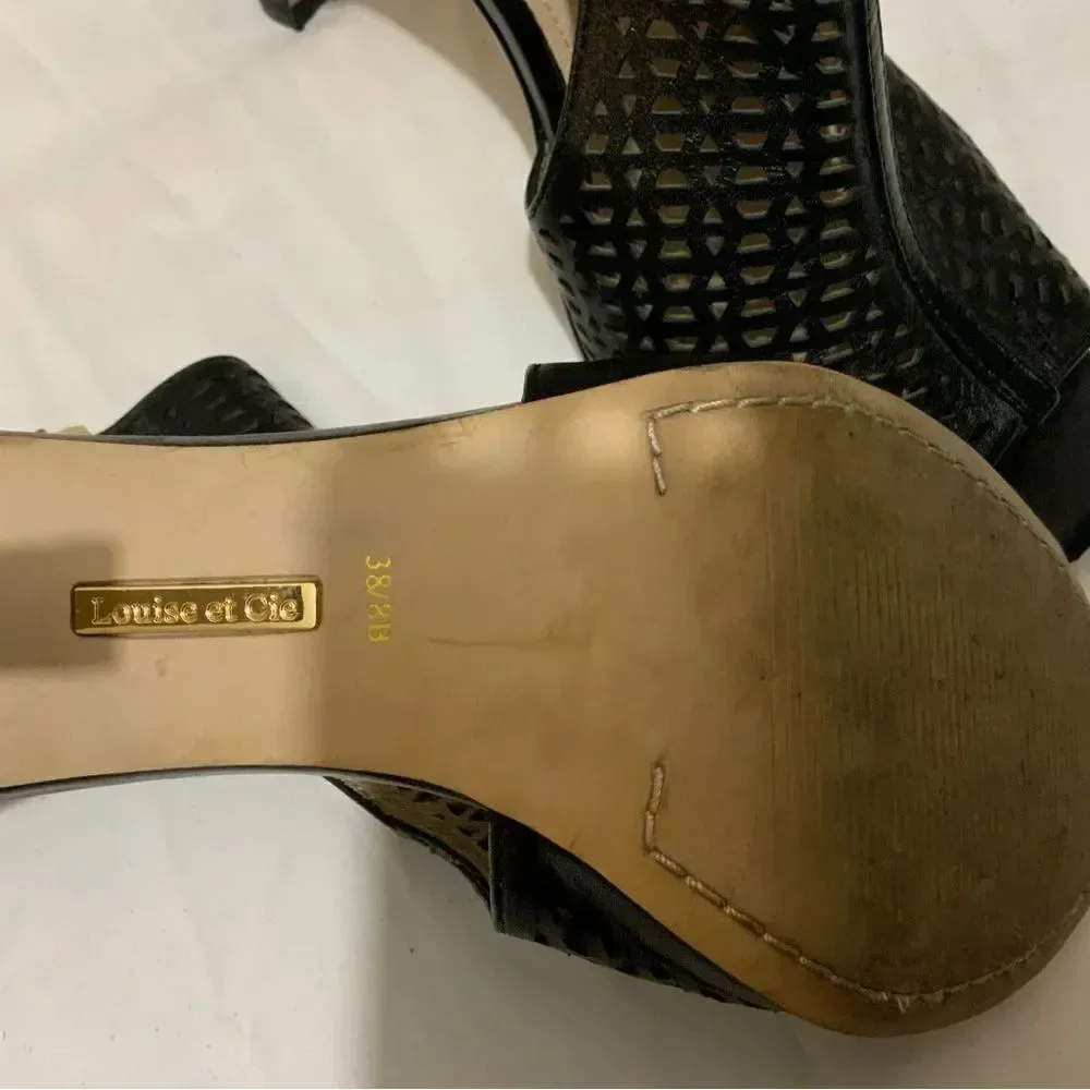 Louise et Cie Women's Black Heels Size 8 Leather Olivia Cut Out Open Toe Peep